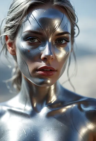 Marvel comics, sexy female Silver surfer, silver face paint, <lora:MJ52:.4>