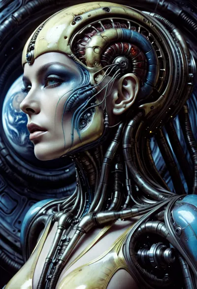 Side view, low angle, Android woman floating in deep space space, her body is fusion of organic and machine, Exposed ribcage of interlocking hydraulic pistons, half-smooth chrome and half-exposed cranial circuitry head, planet on background, Hyperdetailed render by H.R. Giger and Zdzisław Beksiński, Oily metallic textures with visceral organic sheen, Volumetric lighting, Cold neon blue, (engine core), Sickly yellow, (neural nodes), Blood crimson, (hydraulic fluid leaks), Masterpiece, 8K, cinematic, giger, <lora:hrg:.8>