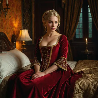 The new courtesan in the middleage waiting in the bedchamber.
A petite young woman, medieval, courtesan, 13th century, blonde, sitting in a noble bedroom, looking at viewer.
photorealistic, hd.