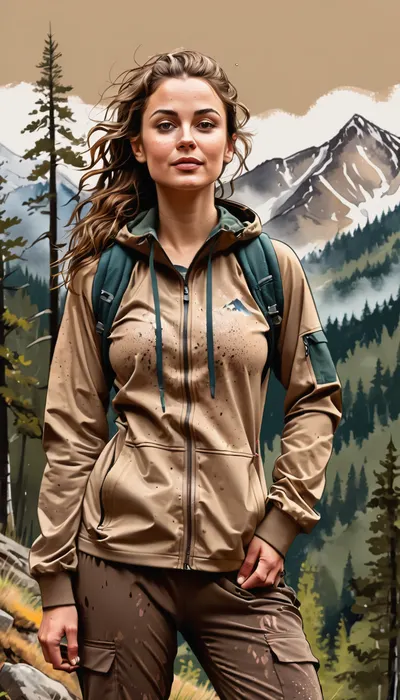 concept art, sketch of a young woman, gymnastic body, dressed cute brown hiking clothes, ((hiking pants)), ((hiking jacket)), (((tease blushing)), wet wild hair, raised nasal tip, cute eyes, ink sketch, (((Forrest and mountains on back ground))), highres, ink splatter, abstract art, cream colored paper)
