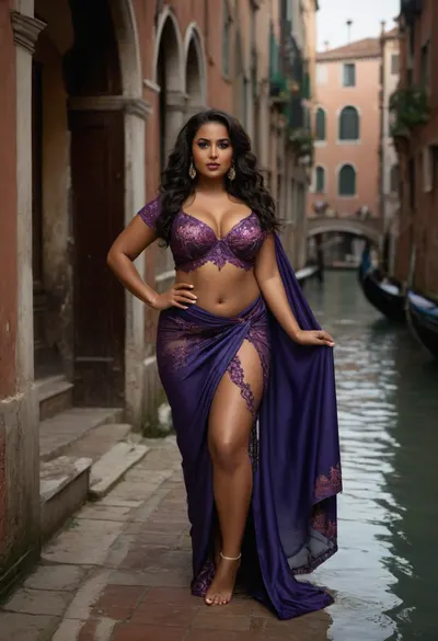 (((company advertisement page photoshoot with Title))), 28 year old 5'1 model, half Haitian and morroccan woman, witch woman, full body view, ((wearing a lingerie laced embroidery full saree)), ((curvy thick MILF body)), long wavy hair, thick thighs, (((sweaty oiled glistening shining glowing wet skin and body))), wearing heavy shiny glossy makeup, (((fans and locals watching her photoshoot in venice))), (((Title of the Magazine or Brand on top of the photo with huge Logo and Title name)))
