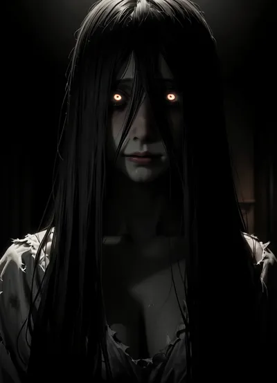 score_9, score_8_up, score_7_up, score_6_up, (animated, 2d, anime style), (((Sadako Yamamura))), 1girl, solo, long hair, black hair, very long hair, (mess hair), impossible clothes, hair over eyes, torn evening dress, grey skin, impossible dress, yamamura sadako, hair over one eye, (((yandere, psychosis, possession, dangerous, crazy))), blush, (heavy breathing), steam, (bags under eyes), night, television, sweat, head tilt, smile, (wavy mouth), cleavage, (huge veiny breasts, sagging), ((close up)), (night, dark room), (red glowing eyes), ((on all four, crawl forward)), glitches, lean forward, (gothic style, dark theme, low light, cold colors, nightmare, (<lora:dark:1>))