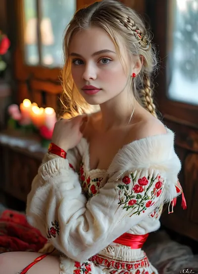 (masterpiece, best quality, ultra-detailed, photorealistic, HDR, extreme close-up portrait, face centered in the frame, direct eye contact with viewer, every feature in the sharpest focus, soft cinematic natural light), female, 18 years old, Irina, Russian, with exceptionally cute, sweet, and youthful Slavic appearance, delicate symmetrical facial structure, flawless luminous fair porcelain skin with gentle natural rosy flush, softly rounded youthful jawline and small oval chin, high softly contoured cheekbones with warm pink blush and subtle radiant highlights, refined small nose with slightly upturned tip, very large expressive round light blue-gray eyes, defined limbal rings, naturally elongated outer corners, ultra-long upward-curled dark blonde lashes, softly arched natural dark blonde brows with gentle fullness, tiny beauty mark above the left upper lip, softly blushed cheeks, (extremely full, heart-shaped, ultra-glossy, plump natural lips:1.5), lips painted in gentle cherry pink gloss, parted in a shy inviting smile showing a hint of even white teeth, eyelids with light silvery shimmer, classic thin winged eyeliner, very subtle shadow, every eyelash and brow hair precisely rendered, soft wisps of hair along the hairline, (flawless, ultra-long, straight natural golden blonde hair, loose and flowing down past her waist, framing her face, styled in a simple braid with traditional Russian red and gold ribbon:1.2), expression radiates innocence, warmth and genuine Slavic charm, pronounced hourglass figure, (very large natural round soft breasts:1.3), ultra-narrow sculpted waist, (fully revealed navel and bare waist, upper part of her wide hips and soft thighs gently visible:1.2), dressed in a cozy off-shoulder cream-colored woolen crop sweater with red folk embroidery, extra deep rounded neckline emphasizing natural cleavage, ultra-short red and gold patterned knit mini skirt low on hips, sheer premium nude over-the-knee stockings, white fur-trimmed felt boots with red embroidery, simple gold earrings, red-gold thread bracelet, delicate pearl necklace, seated comfortably on a fluffy white fur rug in front of a traditional Russian tiled stove, holding a hand-painted mug of hot berry tea, surrounded by soft fur throws, patterned pillows, carved wooden décor, glowing candles, sunlight streaming through frosted wooden windows with view on snowy birch trees, pure Russian winter coziness, every facial feature and all details perfectly and sharply rendered, five distinct non-fused fingers on each hand, <lora:MJ52:1>, <lora:SDXLHighDetail_v6-000005:.8>, <lora:Microwaist_XL_v01:.8>
