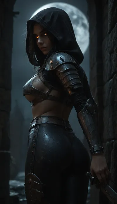 Score_9, score_8_up, Female Moon Night Hunter, standing near a medieval castle stone wall, lean to the wall, (put ass back), bending over, glowing eyes, dynamic pose, mid-motion, shoulder armour plates, throwing daggers on waist belt, steel underboob armor, tight latex leggings, night, moonlight, chiaroscuro lightning, side view, hood, full moon, Dual Moon Swords, <lora:detailed_notrigger:.8>, <lora:dark:.8>, <lora:XL_Weapon_Dual_Swords_-_By_HailoKnight:.8>, <lora:1281424_training_data:.8>