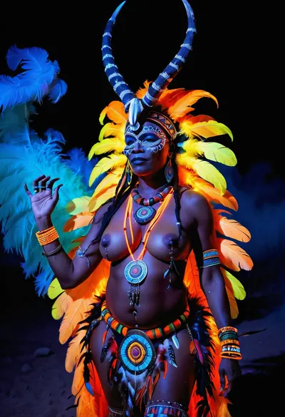 Africa, Sahara, night, campfire, ((full-length)), mature African shaman, black aboriginal woman, African black woman, ((elaborate costume with feathers)), huge saggy tits, ((horns, mask, headdress of feathers, horns and bones, tribal jewelry, necklace, claw necklace)), (hipbelt of skins), staff in hand, ceremonial attire, ((bright glowing neon coloring on face, chest and stomach)), glowing leg tattoos, ritual symbols, (barefoot), bare chest, boho style, exotic, concept art, fantasy art, artstation, detailed drawing, digital painting, elaborate details, realism., PENeonUV, blacklight, neon, <lora:PE_NeonUV Style:.9>