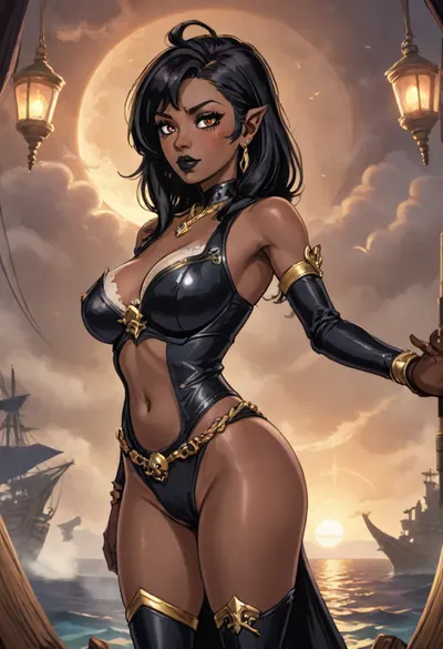 (2d sketch:1.3), 1girl, (rear view), from behind, (full body), (ass view), solo female, standing confidently with one leg slightly forward, (video game character design), highly detailed, ultra-detailed, concept art, ((dark elf vampire girl)), ancient bloodline, seductive and deadly aura, powerful yet elegant presence, sexy pose, dynamic posture, expressive body language, accentuating curves, (long legs), (massive hips), (bubble butt), hourglass figure, refined anatomy, medieval fantasy setting, (dark skin:1.7), smooth and glowing obsidian-toned skin under warm sunset light, dressed in a highly stylized pirate outfit with fantasy military influences, combining functionality with seduction, exotic and enchanting, short torn skirt revealing lace fishnets with intricate gothic patterns, high heels with steel heels and skull-shaped embellishments, (black hair:1.8), long, voluminous, slightly wavy black hair flowing with the sea breeze, adorned with silver rings and small braided sections, red outfit with contrasting black leather straps and gothic silver clasps, dramatic red fabric blowing in the wind, black and red color scheme dominant in the entire design, pirate meets vampire royalty aesthetic, full glossy lips, (wide mouth), with sharp fangs barely visible, (black lipstick), sultry eye makeup with thick, (black mascara), deep red eyes with a supernatural glow, (thick eyebrows), arched seductively, gothic accessories such as choker with crimson gem, silver rings, vambraces, and ornate belt, detailed leather gloves and thigh bands, dramatic earrings shaped like daggers, elaborate corset with steel boning and arcane runes, background features, (on the pier), worn medieval wooden planks under her heels, harbor ambiance, sail vessels in the background — tall masts and hanging sails catching the last golden rays of light, foggy seascape beyond, seagulls flying above, ropes and barrels scattered on the dock, lanterns casting warm medieval glow, cinematic lighting, high contrast, glowing atmosphere, concept art style, soft shadows and detailed rendering, stylized clouds in the distance, harbor buildings made of stone and wood with gothic spires, epic fantasy environment, painterly rendering, slight motion blur in fabric for dynamic feel, rim lighting highlighting her silhouette, dramatic perspective from lower angle, storytelling composition, artstation, trending, fantasy illustration, masterpiece, best quality, <lora:cartoon_stickers_xl_v1:1.4>, <lora:hentai_anime_style_xl_v1:1>, <lora:AnimatedNightmaresStyle:1.8>, <lora:EnvyBeautyXL02:.8>