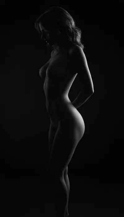 dark background, girl silhouette, sexy poses, nude perfect body, monochrome, realistic, 4k, high quality, art
