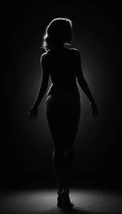 dark background, girl silhouette, sexy poses, nude perfect body, monochrome, realistic, 4k, high quality, art