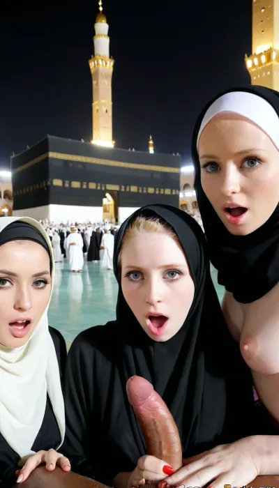 Black man flashing dick, in front of kaaba, pale skin hijab girls shocked