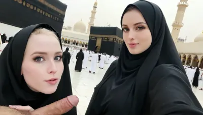 (wearing black hijab), realistic face, pale skin, in front of kaaba, selfie with hairy dick, side view, people watching behind