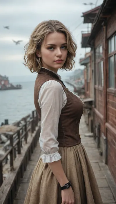 steampunk, girl, steampunk blonde girl, detective, on the deck of a steamer, picturesque steampunk village on the shore, English watercolor, haze, seagull in the sky