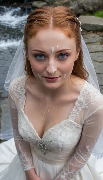 3/4 body shot of, (((sansa stark wearing wedding dress with cum on her face))), (((The woman's face is covered with cum))), (((cumshot on tits:1.3))), (Cum on lips), facial, (((huge tits:1.3))), beautiful smile, View from above, Lush Curly hair, redhead, (((big eyes, blue wide eyes))), <lora:Facials:.5>, Northern mountain, castle, waterfall
-----, sns, woman, she, has, red, long, hair, braded, wearing, crw, outfit, black, armor, dark, tunic, queen, of, the, north, gown, battle, <lora:sansa stark SDXL - sns woman:.8>