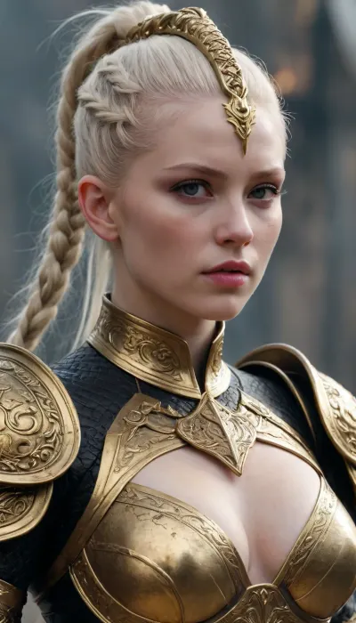 2/3 bodyshot, Tense Young Dark Female albino Supreme Warrior for the God of Chaos and War in fearsome and also beguiling wealthy expensive ornamated pomp splendor pageantry magnificence opulence, sumptuousness heavy armor in very black and bright gold with piquant insights. One very elegant braided ponytail, the whole appearance radiates dominion rule reign dominance power control, She carries the ceremonial helmet under her armpits, Many fresh blood splashes from the slain opponents are on the face and on the armor, She stands as a shining centerpiece on a fantasy medieval raging bloody cruel crowded battlefield. She screams a war cry from the depths of her soul that makes all enemies tremble and motivates her own warriors.