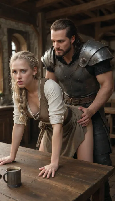 Doggystyle, Tense Young Dark Female albino Supreme Warrior for the God of Chaos and War in fearsome and also beguiling wealthy expensive ornamated pomp splendor pageantry magnificence opulence, sumptuousness heavy armor in very black and bright gold with piquant insights. One very elegant braided ponytail, the whole appearance radiates dominion rule reign dominance power control, Many fresh blood splashes from the slain opponents are on the face and on the armor, She moans her orgasm with lust and passion. Her eyes are in high pleasure. Bent over a table in a medieval tavern, Fucked in the ass rough by a noble male knight without pants behind her with a medium dick. Her war skirt is rolled up. Two mugs of beer with foamy head are on the dirty table.