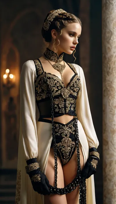 Padme Amidala, full body, Garterbelt, black, fabric, floral, embroidery, wearing, the, garterbelt, iron, chains, <lora:MJ52:.8>, <lora:GarterbeltXL:.8>