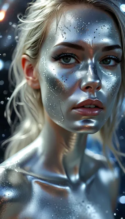 In space, Marvel comics, sexy female Silver surfer, (((silver face paint, silver face))), silver feet, silver surf board, surfing through space, silver eyes, perfecteyes, but, <lora:MJ52:.4>, <lora:PerfectEyesXL:.8>, <lora:BUT_SDXL_SHS:.8>