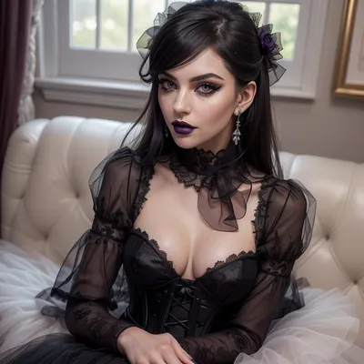 ziprealism, score_9, score_8_up, 1girl, (goth girlfriend, exquisite beauty:1.2), (smug and eager, expressive eyes, mischievous eyes), (glossy black hair, intricate hairstyle), (delicate face, sharp chin, chiseled cheekbones, triangular face:1.2), (intimate esthetic, goth inspired atmosphere, medium closeup, face portrait), (sharp focus, focus on eyes, perfect eyes), catchlights, detailed eyes, (bold eyeliner, deep purple eyeshadow, dark lipstick), bashful pose, adorable pose, (flawless porcelain skin), (tulle corset bodice, tulle sleeves, lacey ruffle, layered sheer tulle), sitting on couch, black roses
