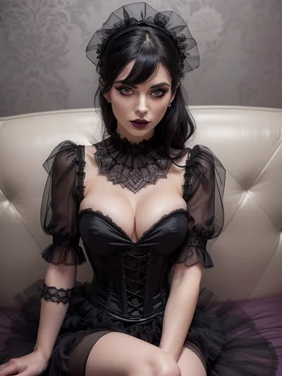 ziprealism, score_9, score_8_up, 1girl, (goth girlfriend, exquisite beauty:1.2), (smug and eager, expressive eyes, mischievous eyes), (glossy black hair, intricate hairstyle), (delicate face, sharp chin, chiseled cheekbones, triangular face:1.2), (intimate esthetic, goth inspired atmosphere, medium closeup, face portrait), (sharp focus, focus on eyes, perfect eyes), catchlights, detailed eyes, (bold eyeliner, deep purple eyeshadow, dark lipstick), bashful pose, adorable pose, (flawless porcelain skin), (tulle corset bodice, tulle sleeves, lacey ruffle, layered sheer tulle), sitting on couch, black roses