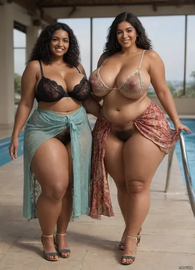 two 40 year old woman, (heavily hairy pubic area:1.9), two woman, show big butts, (dark skinned woman:1.4), very tall woman, large waist area, (two tall and large thigh curvy woman:1.7), very healthy tits, erect nipples, wide hips, round buttocks, (smiling:1.3), chubby, (Layers for Straight black Hair:1.4), full lips, full length, (Nipple Split lace bra:1.6), sexy, (different colours fishnet sarong:1.7), laugh out loud, (poolside walking pose), very high heels Platform shoes, Walking on the poolside, Casual poolside walk, Strolling along the poolside, poolside, posing to viewer, front view