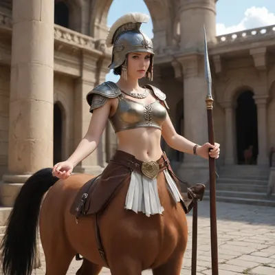 Three-quarter view, centaur woman holding a spear, centaur woman with a large horse cock, in front of a Greek temple, centaur woman standing on her hind legs, leather breastplate, leather helmet