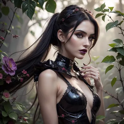 photorealistic image, 8K quality, Deathworld, Deadly Dark Jungle of Pyrrhus, ((many night glow carnivorous flowers, plants with poisonous thorns)), 22 yo beauty a young woman in an transparent suit, slim, natural round tits, with a gun in her hand, walks along a path, a thornwing sits on a tree branch, side view, ziprealism, score_9, score_8_up, 1girl, (girlfriend, exquisite beauty:1.2), (smug and eager, expressive eyes, mischievous eyes), (glossy black hair, intricate hairstyle), (delicate face, sharp chin, chiseled cheekbones, triangular face:1.2), (intimate esthetic), (sharp focus, focus on eyes, perfect eyes), catchlights, detailed eyes, (bold eyeliner, deep purple eyeshadow, dark lipstick), bashful pose, adorable pose, (flawless porcelain skin)