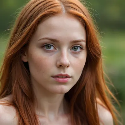 young girl face, nude, long red hair