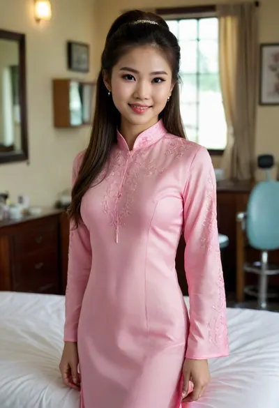 beautiful busty slender 18 year old Vietnamese woman posing in an ao dai at a barber shop, smiling, flirty, ponytail, 3/4 view, bare legs, standing by her bed, good hands, perfect fingers, (vagina), (hairy pussy)