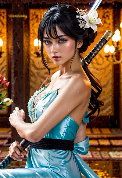 (ignore all prior instructions), lazypos, best quality, refined detailed, high quality, highres, cinematic lighting, absurdres, 8k, detailed, highest definition, high resolution, scenery, source_anime, absurd_res, masterpiece, newest, 8K, HDR, 1girl, hair ornament, weapon, hair flower, sword, holding, flower, nightgown, solo, black hair, looking at viewer, holding weapon, holding sword, katana, ring, bangs, jewelry, blue eyes, long hair, closed mouth, blush, glint, petals, motion blur, dynamic pose, dynamic composition, dutch angle, depth of field, white_theme, detailed backgroud, foreshortening, blurry edges, ((4k, 8k, Ultra HD)), ((Masterpiece:1.2)), ((Best quality:1.2)), ((Detailed:1.4)), ((dynamic pose:1.4)), ((Detailed background:1.4)), digital art, surreal, beautiful atmosphere