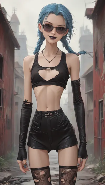score_9, score_8_up, score_7_up, score_6_up, ((jinx:1.4)), (style anime:1.6), (inspired illustration, ratatatat74:1.6), (skinny:1.9), (small waist:1.9), (cute-innocent:1.4), big thick lips, (seductive:1.3), (dimples:1.3), (big leather elbow gloves:1.2), (slim legs:1.4), leather mini-shorts, (torn fishnet stockings:1.2), (apocalyptic background:1.5), (small unbuttoned open leather mini-tanktop:1.4), hand on hip, (flat chest:1.4), (long hard erect nipples), (fully black sunglasses:1.5), (bare belly:1.3), (smirk:1.3), (big thick lips:1.3), (sleeveless:1.2), (black lipstick:1.2), (blue hair), (short braids on breasts:1.3), <lora:ratatatat74-000050:.6>, <lora:outline_xl_kohaku_delta_spv5x:2>, <lora:cartoon_stickers_xl_v1:.5>, <lora:NEOTOKIOXL_0.2_RC:.4>, <lora:AshMilkshake_Illustrious_v1:2>