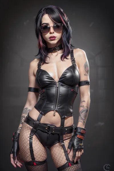score_9, score_8_up, score_7_up, score_6_up, ((jinx)), (style realism), (inspired illustration, ratatatat74), (skinny:1.9), (small waist:1.9), (cute-innocent:1.4), big thick lips, (seductive:1.3), (dimples:1.3), (big leather elbow gloves:1.2), (slim legs:1.5), leather mini-shorts, (torn fishnet stockings:1.4), (apocalyptic background:1.5), (small unbuttoned open leather mini-tanktop:1.2), hand on hip, (flat chest:1.4), (long hard erect nipples:1.3), (fully black sunglasses:1.5), (bare belly:1.3), (smirk:1.3), (big thick lips:1.3), (sleeveless:1.2), (black lipstick:1.2), (red-blue hair:1.2), (multicolour hair:1.4)