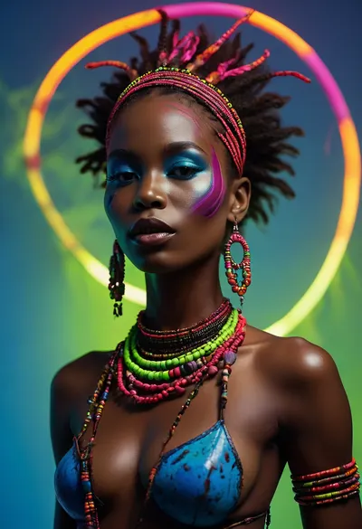 Studio photo cover of Vogue, West African shaman woman, natural pubic hair, fashion posing, dancing, stretching, side view, ass back, traditional bead necklaces, cowrie shell crown, large hoop earrings, leather and bead armbands, (ritual neon paint on face, bold geometric neon stripes across cheeks and forehead), (dynamic smoke wisps swirling around her body), neon body paint patterns, (electric blue, acid green, magenta), (rim light, neon lights, bright neon background, full moon), artistic nude silhouette, shot on Hasselblad, high fashion, 8k sharp focus, <lora:MJ52:.8>