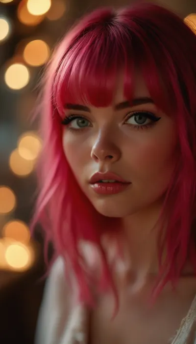 ziprealism, (avant-garde snapshot esthetic), (f/2.8 shallow depth of field, creamy bokeh, flattering upper body ahot, layered composition with subtle foreground, focus on lips:1.4), (vibrant pink hair, crisp straight hair, blunt bangs cut, thick voluminous hair:1.4), (catchlights, sharp contrasting limbal rings, large expressive eyes, stunning eyes, long delicate eyelashes, perfect eyes, slightly downturned eyes), (full lips, soft lips, moist lips, pouting lips), (white waterline eyeliner, doe-eye makeup, soft blush, soft facial features:1.4), (expression of playful mischief, teasing gaze, joyful, subtle sparkle in eyes, soft taunting grin), (porcelain skin, natural skin texture), <lora:MJ52:.8>, but, <lora:BUT_SDXL_SHS:.8>