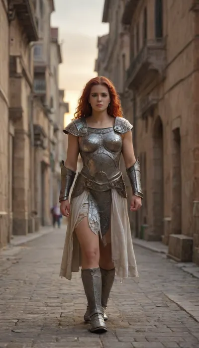 (ultra, HD, quality), A Roman legionary, wearing a Roman armor, armor is revealing, a Roman helmet, destroyed armor, medium breasts, long red hair, walking down a street in Rome, sunset