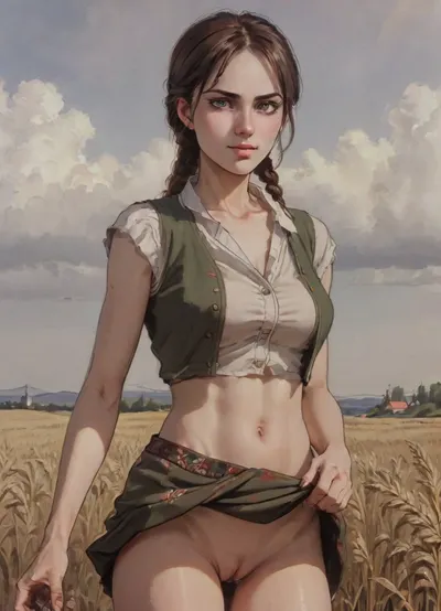 mature women, russian supermodel, detailed eyes, thin eyebrows, no makeup, long natural brown hair, (tall girl), ((skinny body)), (narrow waist), (flat stomach), realistic body proportions, perfect anatomy, good hands with perfect fingers, long skinny legs, thigh gap, big breasts, erected nipples, random pose, unique angle view, ultra realisitc, A beautiful mature Russian woman in the wheat fields of Tver Russia, during spring. She is wearing elegant, clean, and colorful traditional russian attire, a fitted embroidered vest over a flowing thin white blouse, a vibrant floral skirt, and a delicately patterned silk scarf loosely draped over her hair. Her hair is braided. Her look is graceful and welcoming. The scene is lush and vibrant — bright wheat fields, soft sunlight glowing through light clouds. The image is cinematic, culturally rich, inviting, perfect for tourism promotion. She lifted her skirt., skirtlift, <lora:skirtlift_xl:.8>, Rating_explicit, Source_anime, 80's anime style, (A detailed pencil drawing with clean lines and meticulous shading, sketch of a woman), drawing have delicate shading and intricate details, capturing the essence of the subject with fine pencil strokes, background is simple, allowing the focus to remain on the portrait itself, drawing by NTY, v0ng44g, sk3tch, .8>, ratatatat74, <lora:sketch_it:1.3>, <lora:ratatatat74-000050:.8>, <lora:NEOTOKIOXL_0.2_RC:.8>