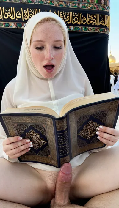 8k, Transparent hijab, reading quran, sitting, freckled, pale skin, holding man dick and looking dick, in front of kaaba, hairy pussy, orgasm face, ultra detailed