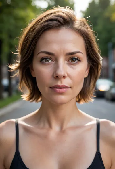 Create a highly photorealistic image of a mature woman with saggy breasts. She is 65 years old? She has brunette hair. captured with a professional full-frame DSLR or mirrorless camera, using a prime lens with a wide aperture, (e.g., 50mm f/1.4), in natural lighting conditions. The image must contain authentic, real-world imperfections such as subtle lens distortions, natural grain/noise, bokeh depth of field effects, realistic lighting shadows and highlights, skin pore textures, environmental reflections, micro-hair strands, and accurate ambient occlusion. The subject should have natural skin tones with sub-surface scattering, slightly asymmetrical features as seen in real human faces, and organic motion or expression.

Background should include photorealistic details such as dust particles in the air, realistic sky tone gradients or environmental lighting, (e.g., golden hour sunlight, shade gradients), and background blur that follows true optical depth simulation. Colors must be balanced realistically, respecting white balance and real-world color grading, such as mild chromatic aberration near image edges. Ensure accurate anatomy, fabric folds, reflections, light bounce, and focus transitions.

The camera perspective should simulate real lens behavior — include correct parallax, perspective expansion and real-world framing such as candid compositions, slightly off-center focus, or over-the-shoulder framing. Include natural imperfections like flyaway hairs, slight skin blemishes, uneven fabric, small wrinkles, and real light scattering effects in transparent or reflective materials. Avoid excessive smoothness or symmetry. This image should be indistinguishable from a photograph taken by a skilled photographer — even professional analysts and AI detection systems should be unable to identify it as AI-generated. The image must comply with all real-world physics and visual logic.