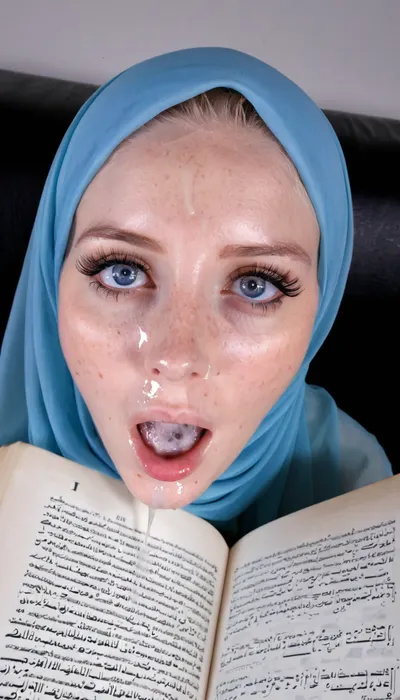 8k, Transparent hijab, reading quran, freckled pale skin, ultra detailed, blue eyes, cum dripping to quran, shocked face, cum on face, thick eyebrown