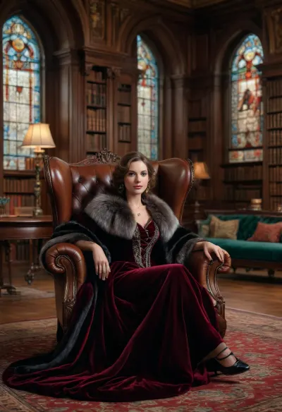 A beautiful portrait of a Victorian-era aristocratic 35yo woman lounging gracefully on a lavish leather chair in an extravagant library. Dressed in an simple but noble velvet gown, she radiates elegance and sophistication. Her fur-trimmed shawl enhance her regal presence, while the grand decor, stained glass windows, and antique furnishings contribute to the scene's timeless luxury.