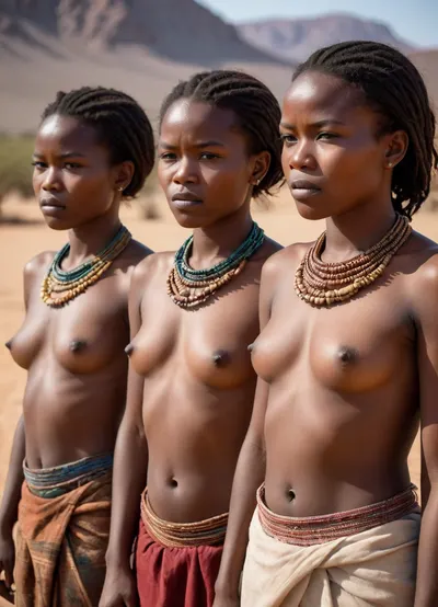 3 native Women of Namibia, traditional cloth, flashing, tiny tits, tities, small tits