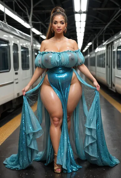 Desi aunty bimbo, extremely chubby, extreme hyper colossal round booty, booty bigger than torso, hyper colossal fake boobs, extremely large areola, extremely puffy nipple, thin waist, muscular abs, no underwear, she wears a see-through mermaid gown, backless, off-shoulder, strapless, shiny metallic color, made by silk, glitter detail, extremely long train touch the ground, hair style ponytail, walking, front view