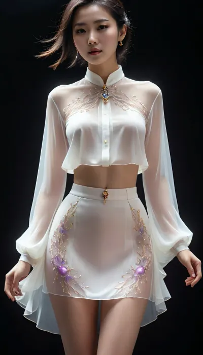 6-12yifu, detailed face, a most beautiful asian women, see-through, white shirt, skirt, gem, phosphophyllite, standing, black background, nude lower body shillouette, <lora:6-12yifu:.7>