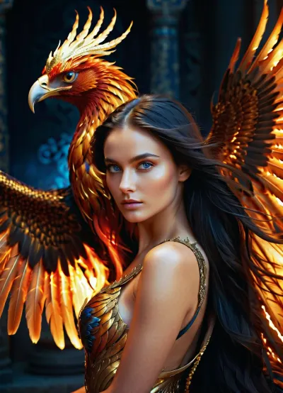 Super realistic image, full color image, 8K quality, super detail, masterpiece, incredibly beautiful young woman with long black developing hair and dark blue eyes, a fiery phoenix with a long tail of fiery feathers sits on her shoulder, its body and wings shining with gold and light, dark fantasy style