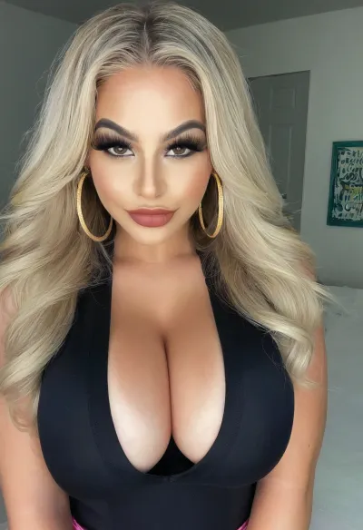 Selfie, headshot, 8k, intricate details. A gorgeous bimbo, looking at viewer, closed mouth, smirk, lipstick, heavy makeup, beautiful long blond hair, huge thick gold hoop earring, graphic eyeliner, thick eyelashes, clothed in bimbo outfit, dark skin, busty, cleavage, <lora:406734_training_data:.5>, <lora:clothed_small:.5>, <lora:1122530_training_data:.6>, <lora:tan-lines-xl-v1:-2>