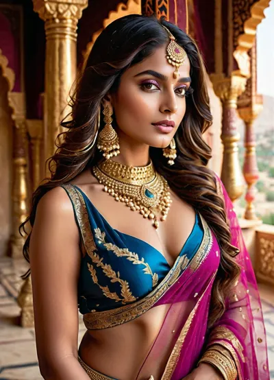 “19 years stunning, glamorous woman in an opulent royal setting, wearing a bold and sensuous fantasy-inspired Indian-style outfit. She poses confidently with her hands behind her head, exuding elegance and power. Her outfit is adorned with intricate gold embroidery, precious gemstones in blue and magenta, and delicate sheer fabric draping gracefully over her hips. She wears traditional Indian jewelry including a maang tikka, choker, earrings, and bangles, all shimmering with golden detail. Her long, wavy hair flows down her shoulders, her makeup is dramatic with bold eyes and lush lips, and the backdrop features rich velvet curtains, carved pillars, and soft magical lighting with sparkling star-like effects, creating a cinematic and luxurious royal atmosphere. Ultra realistic, high detail, 8K, studio lighting, fantasy meets regal glamour.

Let me know if you'd like variations, (e.g. Arabian theme, modern fusion, Cinematic and luxurious, view alutrawide angle, wide angle, full extra wide angle, full portrait, 4k details, extra detail, soft hands, sober face)
