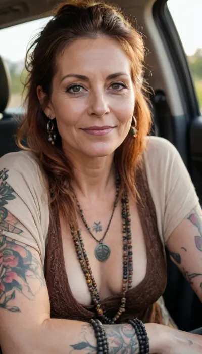 57 yo, (Alt Punk Emo Goth), cinematic photo of one mature woman, (No Makeup), (Happy and smiling), (Many Tattoos), (perfect vibrant eyes), ((black Boho Hippy hairdo)), (bronze tan), (Cream long sleeve Boho blouse deep plunge neckline), (natural saggy breasts, huge oreolas), (beads), innie, closeup, (in car, golden hour), 35mm photograph, film, bokeh, professional, 8k, highly detailed, <lora:add-detail-xl:.7>