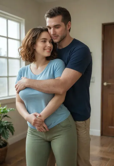 She is facing forward, A man is behind the girl, his arms are around her, standing very close, (((He is fully dressed))), (((She is fully dressed))), She has shoulder-length dark ginger vawy thick and lush hair and is wearing a blue t-shirt and a green shorts. She appears to have an average a little plump broad build with a fat belly. 160 cm tall. The woman is smiling peacefully. The man’s expression is gentle. He is wearing house pants and a t-shirt, man is 35 yo, man is 175 cm tall, she is 35 yo, She has a large breast, (((E cup))), NEGATIVE_HANDS, hugging, <lora:HandFineTuning_XL:.8>, A voluptuous girl, (big busty curved), standing holding her hugged from behind, (snuggling hugging), best quality