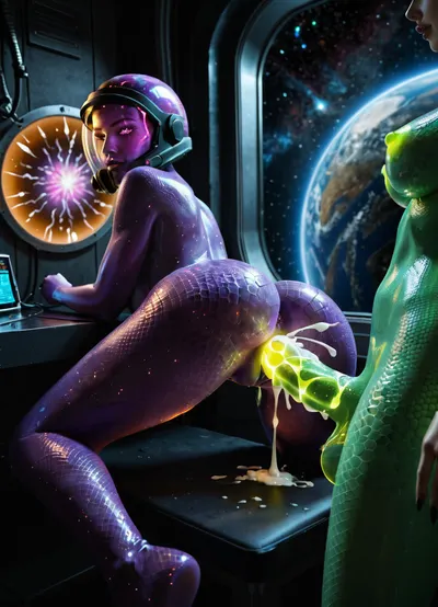 two space color futanari, purple mini futa, green huge futa, space, alien, transgender futa, futanari, skinny futa, thin futa, slender fit ass, athletic legs, vagina under a dick, have sex, in a space shower laboratory. green slime on the wall and on the floor. Their skin is covered with scales. 18 year old. Cute faces, no clothes. Long beautiful legs. There are claws on his hands. Wet. There are many different planets in the window, galaxies, a quasar, spaceship. Lots of colorful thick cum. A huge cock with veins, ass sex, missionary, cumming on ass, cum on back, cum on flor, distance photo, 8k, UHD. super quality, detailed face, futanari missionary sex on a cosmic shower on ship, detailed legs, futa fuck futa, futanari sex, futa porno, cosmic dick. purple skin tone, blue vagina, used vagina, use ass, a young face, a sweet face, glowing eyes, glowing growths on the body, double sex, glowing dick, glowing tits, glowing vagina, glowing cum, glowing sperm, glowing boobs, Skin-tight sexy full-body space alien glows costume, transparent glows clothing, young face, glowing cum, fiery cum, cum glows, glows mucus on the surface, glows hair, glows body implant, glow clothes, scales, scales on the skin, glow dragon's tail, glow reptile's tail, double sex, glow body, young, space glow helmet, glow helmet of the future, glow steampunk body, realistic face, super real face, super detailed face, beautiful face