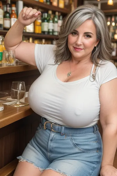 (obese), (mature:1.5), 50 year old mature woman, milf, RAW photo, subject, (high detailed skin:1.1), wrinkles, 8k uhd, soft lighting, white spaghetti strap t-shirt, high quality, film grain, Fujifilm XT3, dynamic angle, brunette hair with silver highlights, fair skin, full body portrait, (show full face), professional portrait, in a bar, paislash, (purse strap in between sagging breasts), strap connected to bag, <lora:paislash-10:.1>
