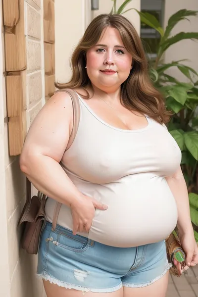(obese:1.5), (mature:1.5), indoors, 50 year old mature woman, milf, RAW photo, subject, (high detailed skin:1.1), wrinkles, 8k uhd, soft lighting, white sleeveless spaghetti strap t-shirt, tight highwaist shorts, fupa, high quality, film grain, Fujifilm XT3, brunette hair, fair skin, full body portrait, (show full face), professional portrait, cleavage, (purse strap in between sagging breasts, strap connected to her purse), zzmktpzz, <lora:paislash-10:.3>, <lora:weight_slider_v2:.8>, <lora:braless v2.6:.4>