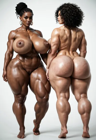 Nude, BBW extremely chubby African women, hyper colossal boobs, extremely large areola, extremely huge puffy nipple, extreme hyper colossal round butts, butts wider and larger than torso, thin waist, muscular abs, walking on nude fashion ramp, back view